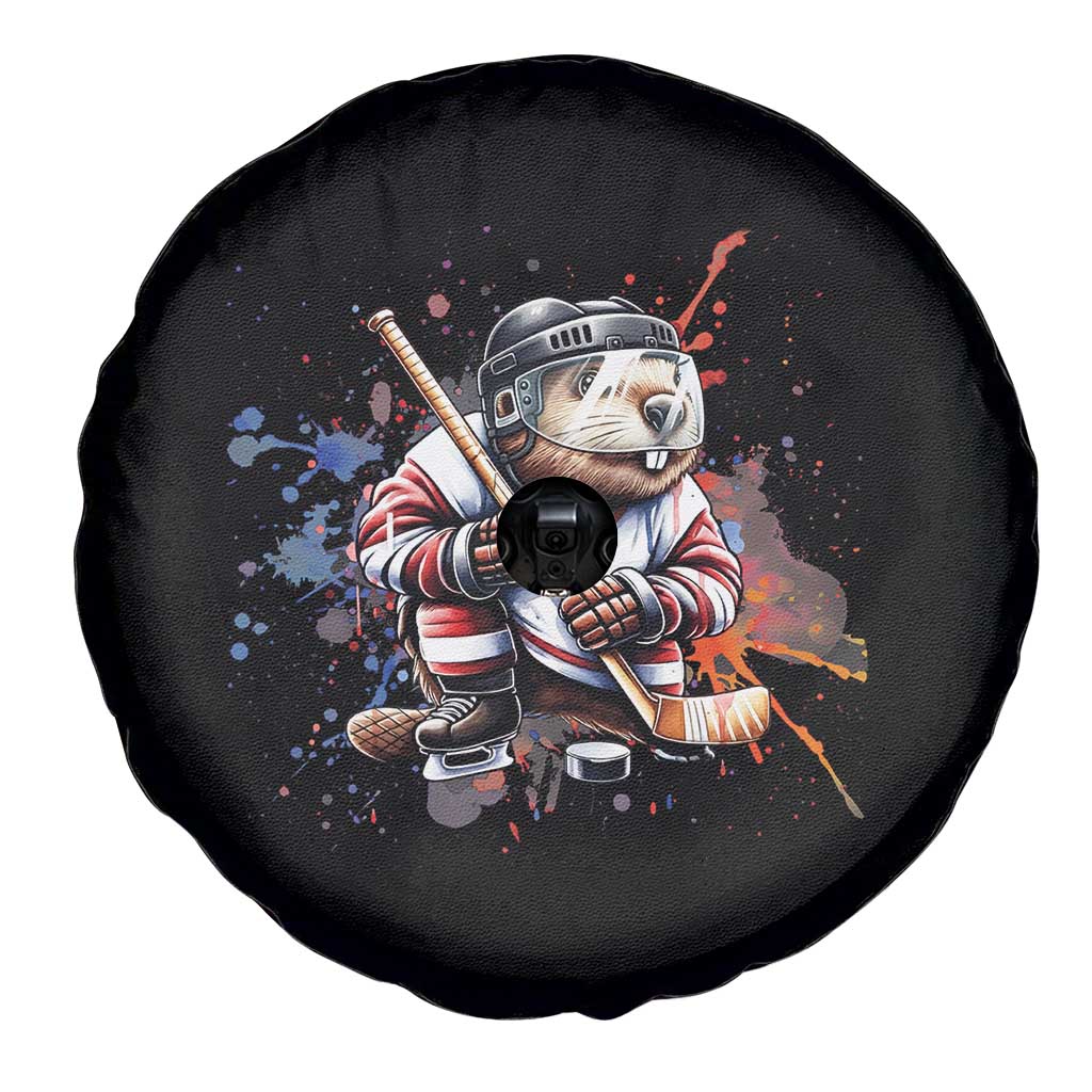 Funny Beaver Playing Ice Hockey Spare Tire Cover Winter Sports Gift - Wonder Print Shop