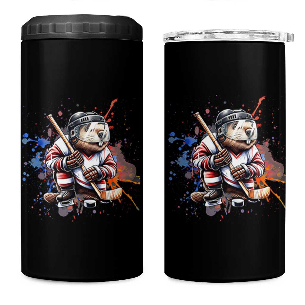 Funny Beaver Playing Ice Hockey 4 in 1 Can Cooler Tumbler Winter Sports Gift - Wonder Print Shop