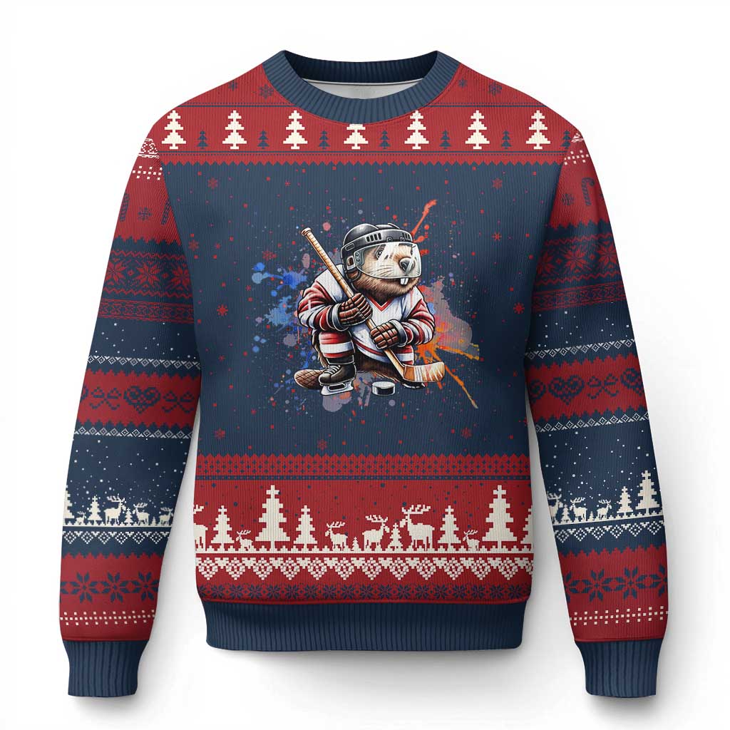 Funny Beaver Playing Ice Hockey Ugly Christmas Sweater Winter Sports Gift - Wonder Print Shop
