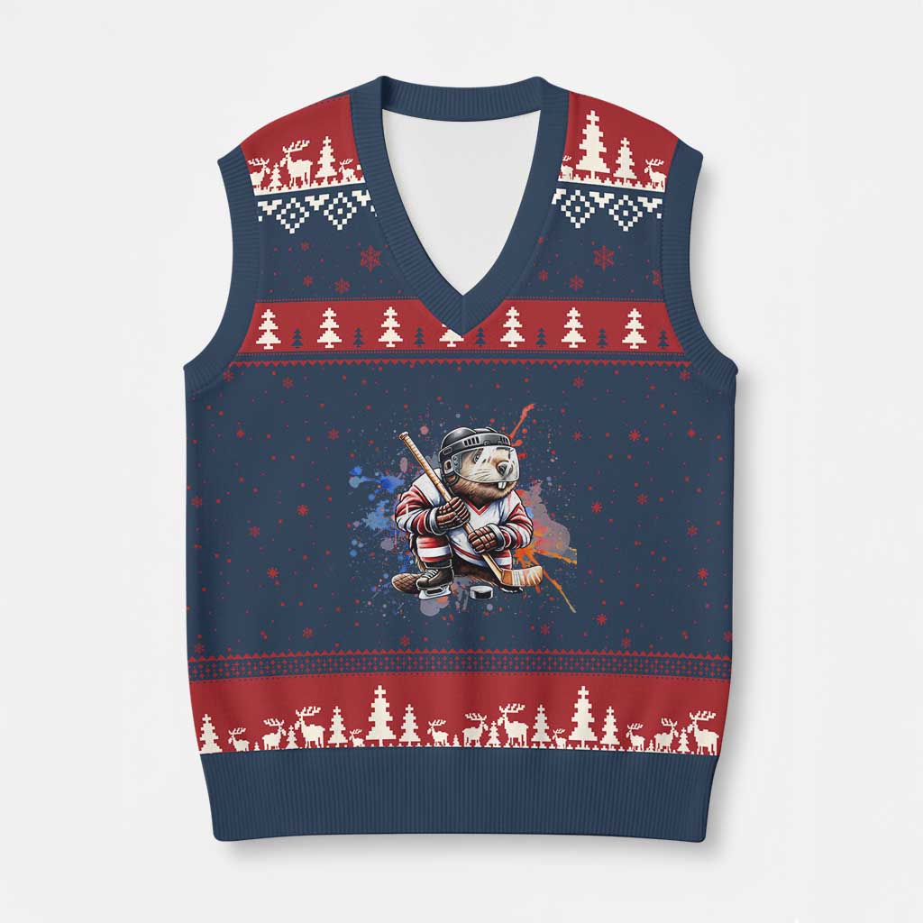 Funny Beaver Playing Ice Hockey V-Neck Knit Sweater Vest Winter Sports Gift - Wonder Print Shop