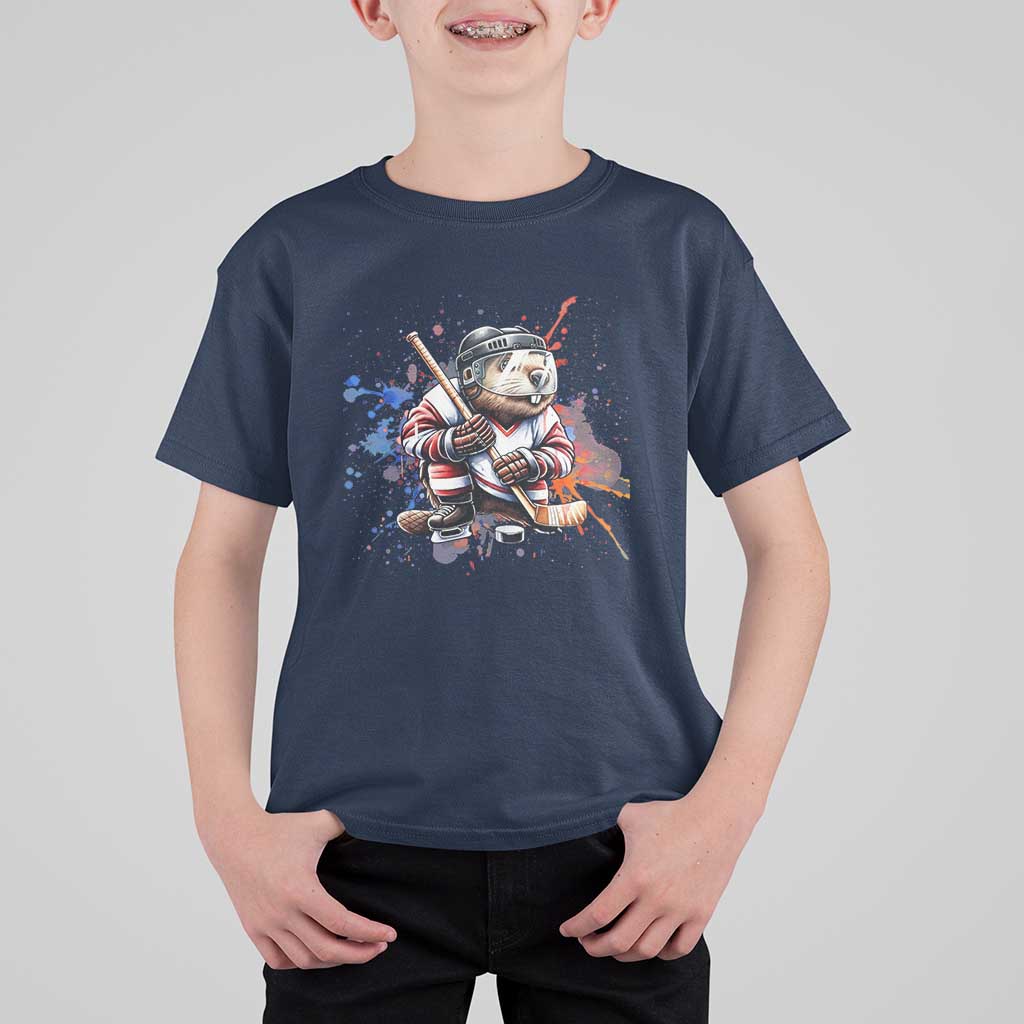 Funny Beaver Playing Ice Hockey T Shirt For Kid Winter Sports Gift - Wonder Print Shop