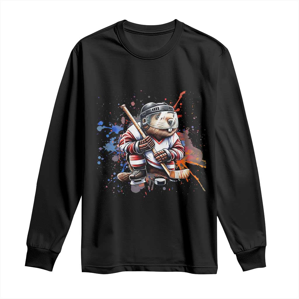 Funny Beaver Playing Ice Hockey Long Sleeve Shirt Winter Sports Gift - Wonder Print Shop