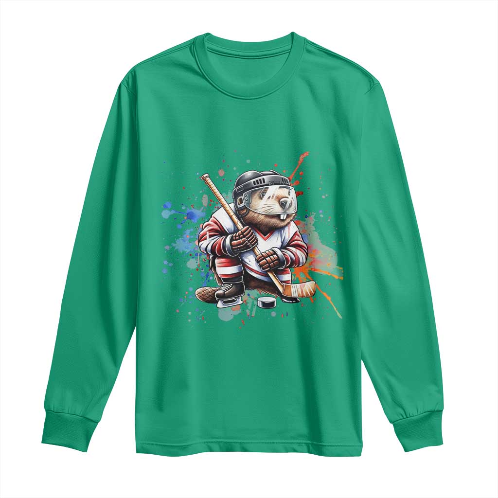 Funny Beaver Playing Ice Hockey Long Sleeve Shirt Winter Sports Gift - Wonder Print Shop