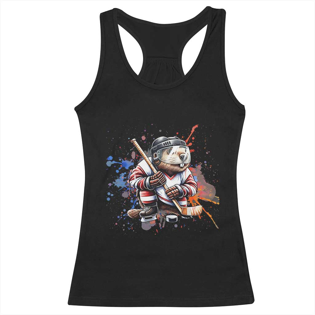 Funny Beaver Playing Ice Hockey Racerback Tank Top Winter Sports Gift - Wonder Print Shop