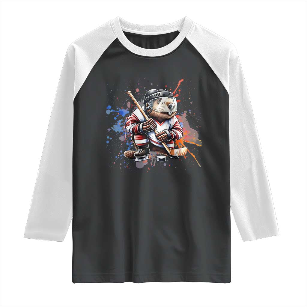 Funny Beaver Playing Ice Hockey Raglan Shirt Winter Sports Gift - Wonder Print Shop