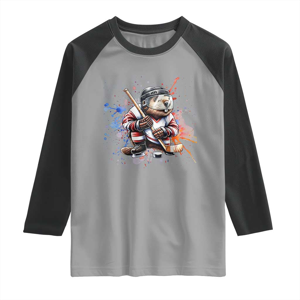 Funny Beaver Playing Ice Hockey Raglan Shirt Winter Sports Gift - Wonder Print Shop