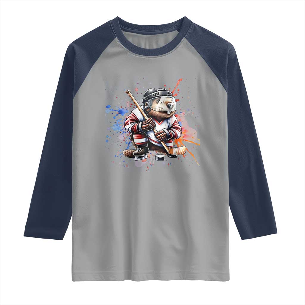 Funny Beaver Playing Ice Hockey Raglan Shirt Winter Sports Gift - Wonder Print Shop
