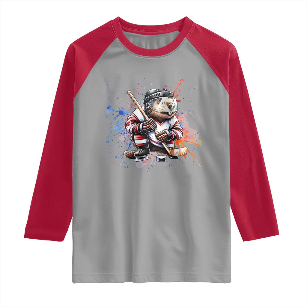 Funny Beaver Playing Ice Hockey Raglan Shirt Winter Sports Gift - Wonder Print Shop