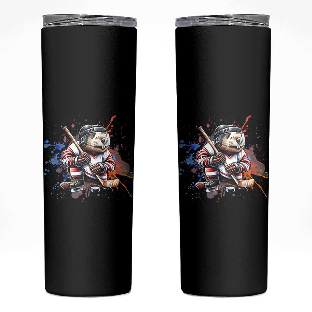 Funny Beaver Playing Ice Hockey Skinny Tumbler Winter Sports Gift - Wonder Print Shop