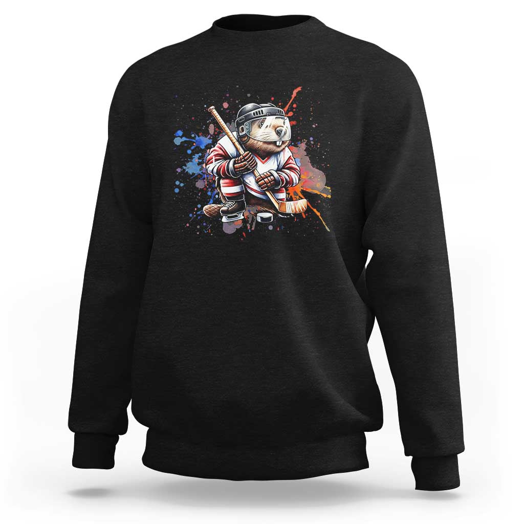 Funny Beaver Playing Ice Hockey Sweatshirt Winter Sports Gift - Wonder Print Shop