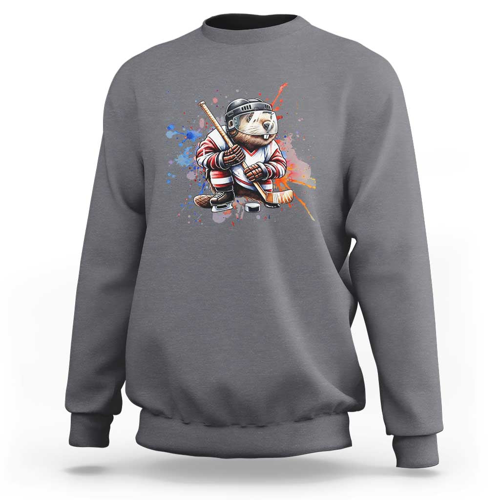 Funny Beaver Playing Ice Hockey Sweatshirt Winter Sports Gift - Wonder Print Shop