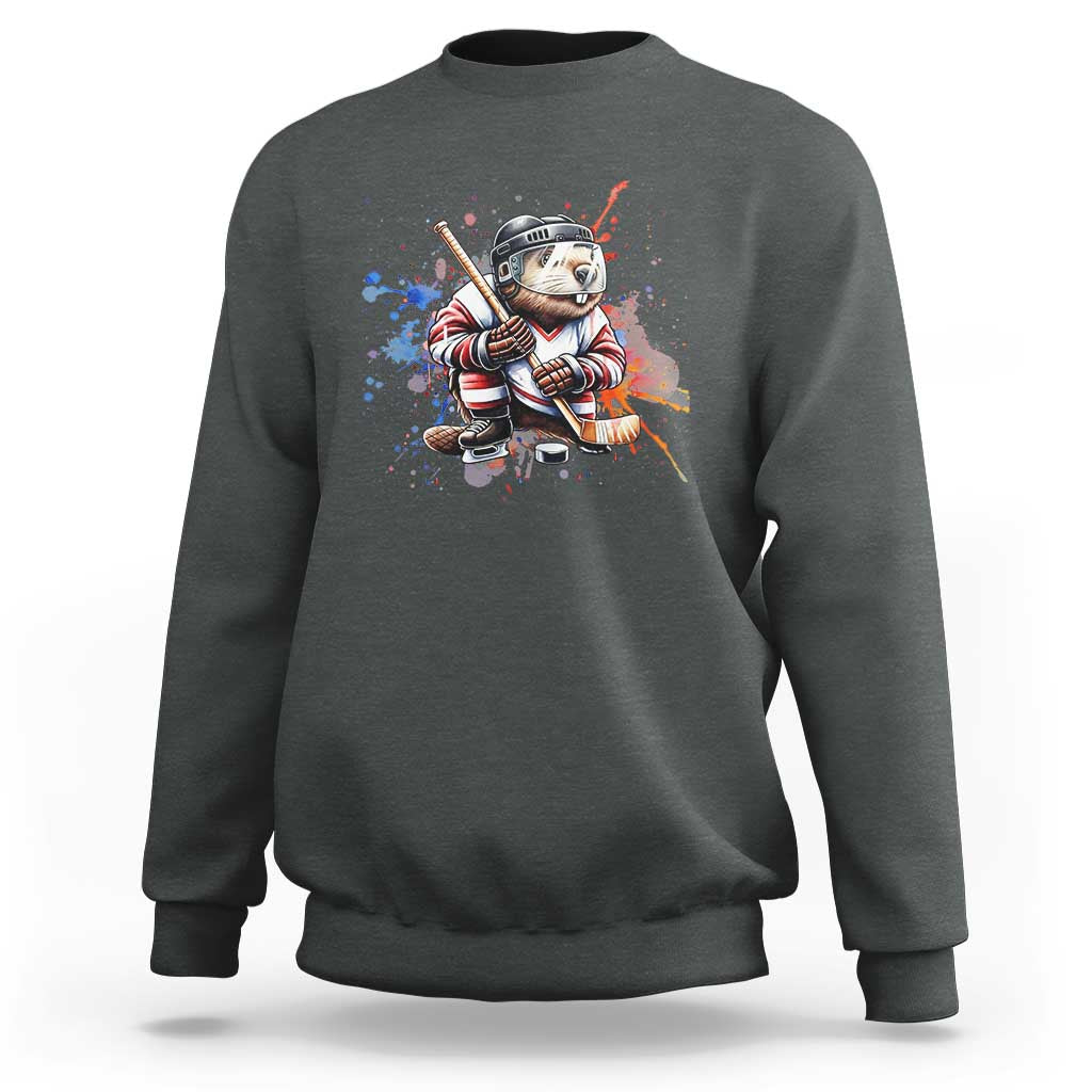 Funny Beaver Playing Ice Hockey Sweatshirt Winter Sports Gift - Wonder Print Shop