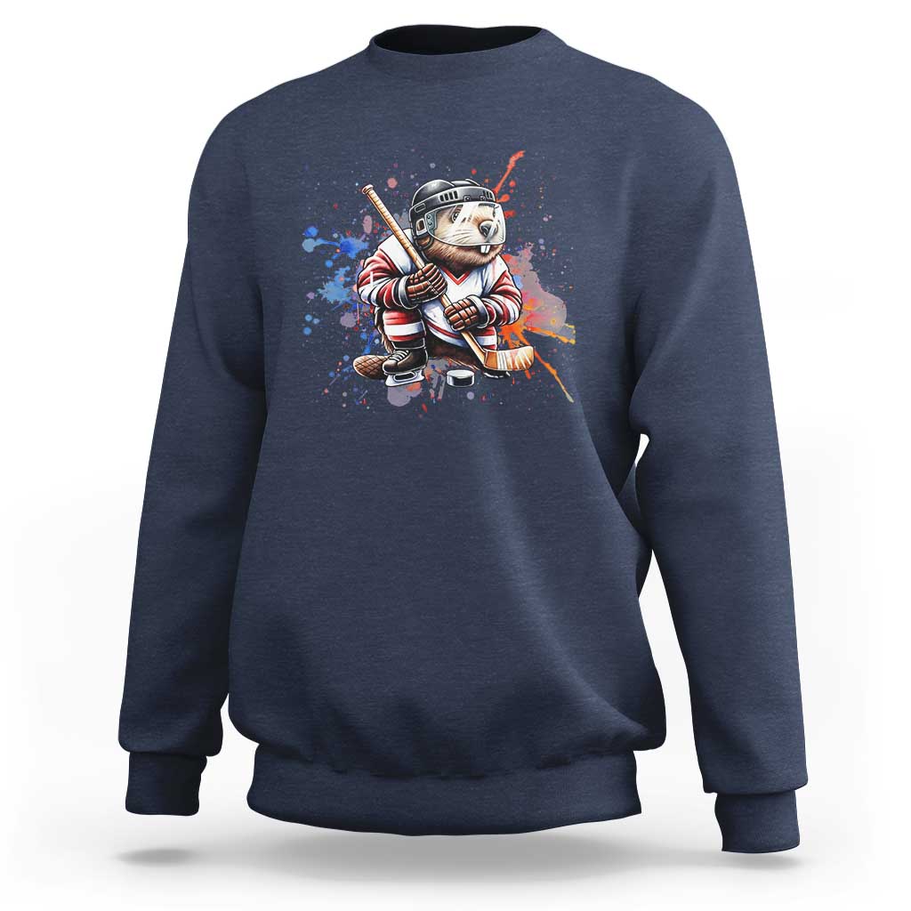 Funny Beaver Playing Ice Hockey Sweatshirt Winter Sports Gift - Wonder Print Shop