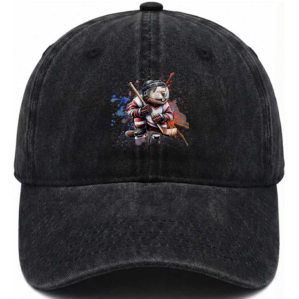 Funny Beaver Playing Ice Hockey Washed Cotton Baseball Cap Winter Sports Gift