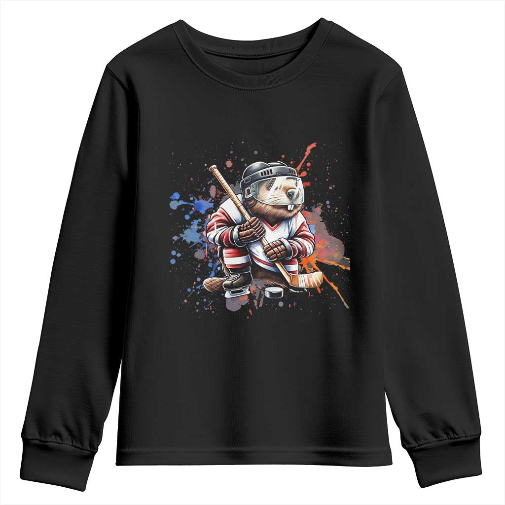 Funny Beaver Playing Ice Hockey Youth Sweatshirt Winter Sports Gift - Wonder Print Shop