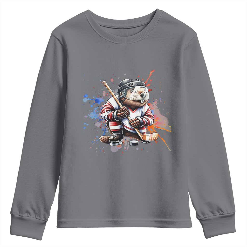 Funny Beaver Playing Ice Hockey Youth Sweatshirt Winter Sports Gift - Wonder Print Shop