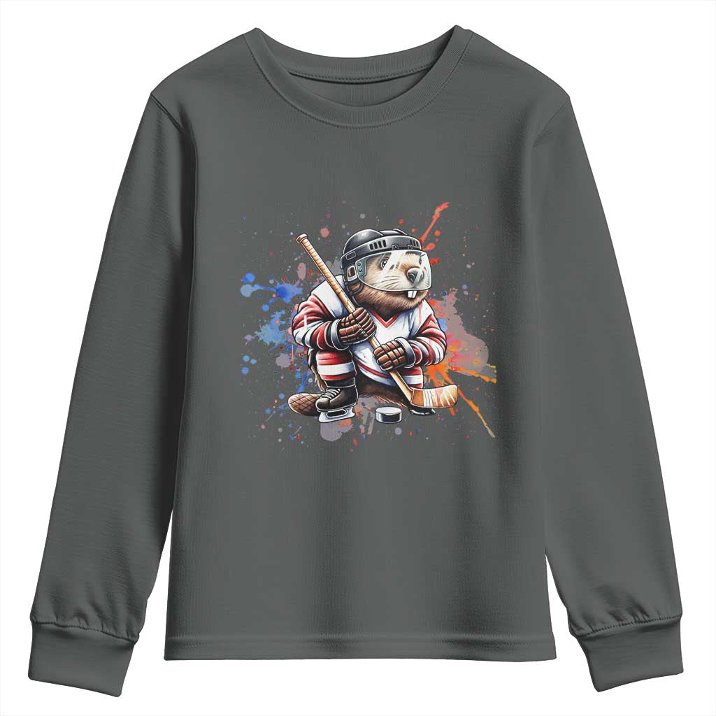 Funny Beaver Playing Ice Hockey Youth Sweatshirt Winter Sports Gift - Wonder Print Shop