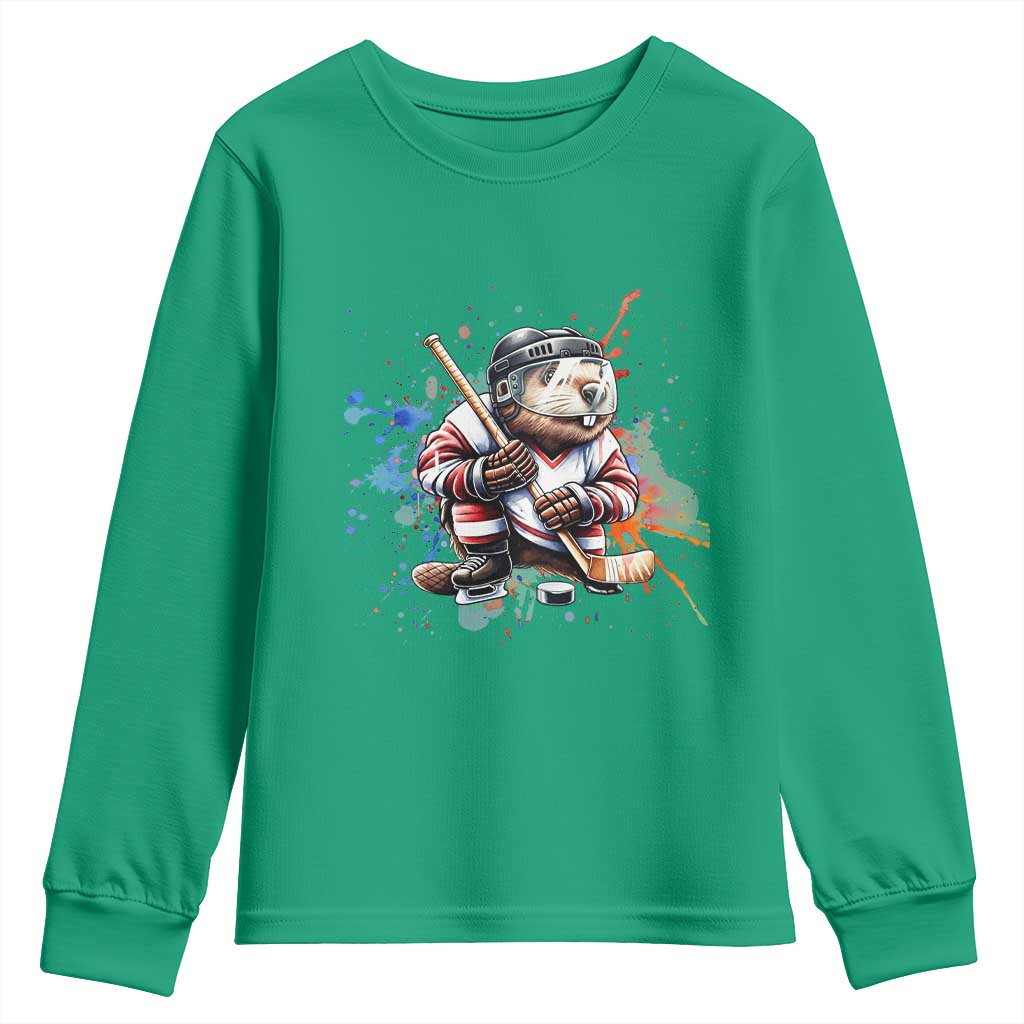 Funny Beaver Playing Ice Hockey Youth Sweatshirt Winter Sports Gift - Wonder Print Shop