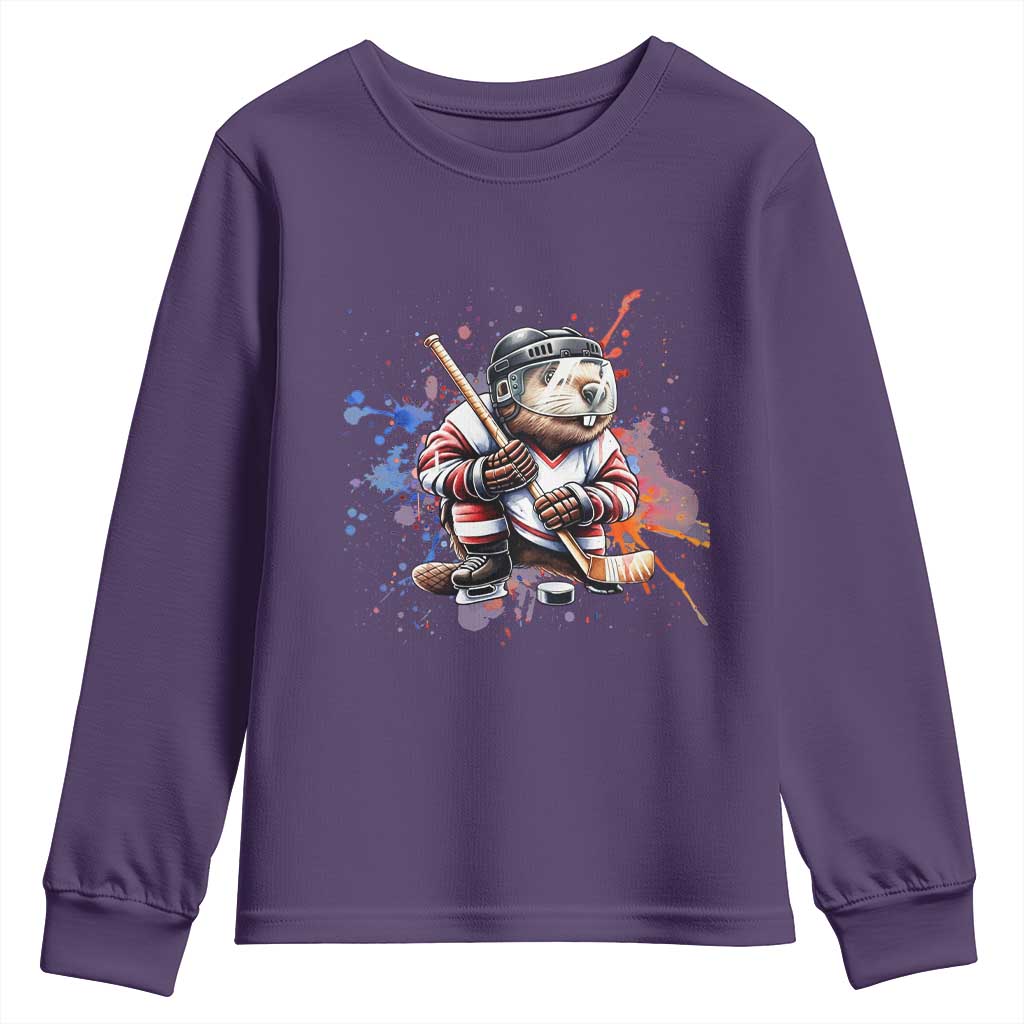 Funny Beaver Playing Ice Hockey Youth Sweatshirt Winter Sports Gift - Wonder Print Shop
