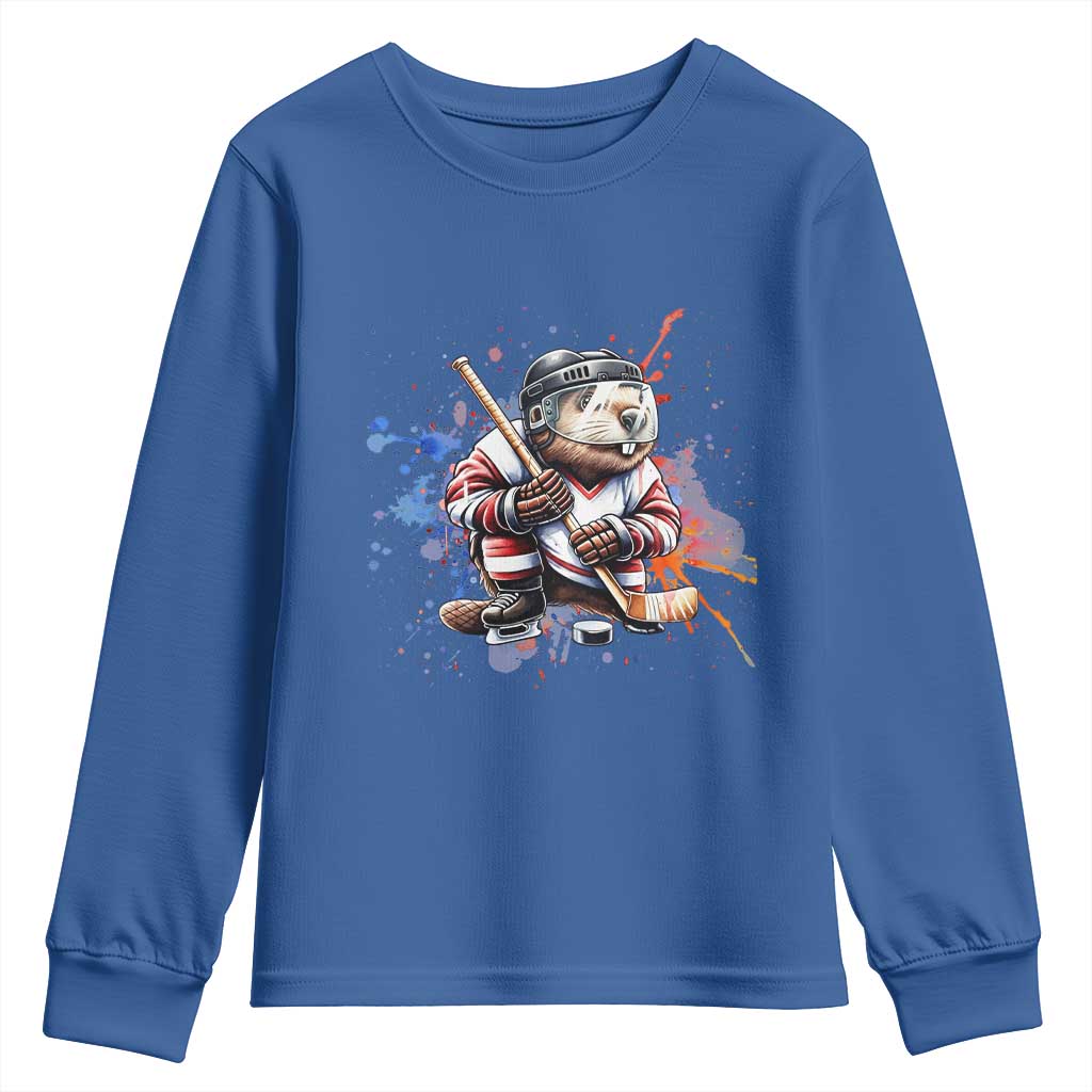 Funny Beaver Playing Ice Hockey Youth Sweatshirt Winter Sports Gift - Wonder Print Shop