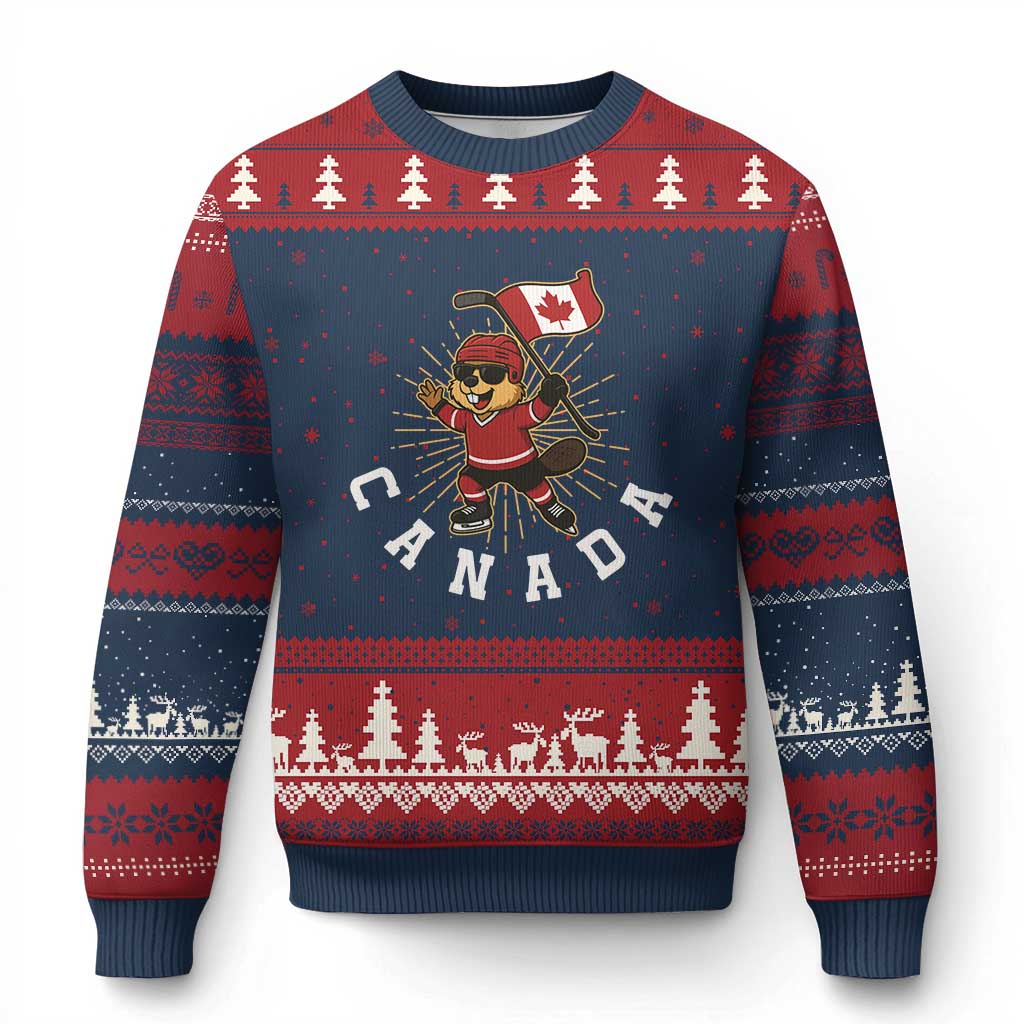 Funny Beaver Playing Ice Hockey With Canada Flag Gift Ugly Christmas Sweater - Wonder Print Shop