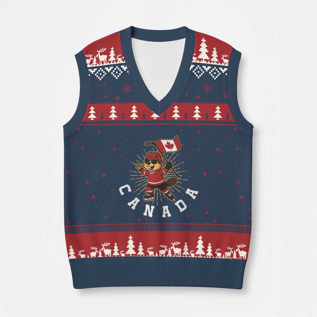 Funny Beaver Playing Ice Hockey With Canada Flag Gift V-Neck Knit Sweater Vest - Wonder Print Shop