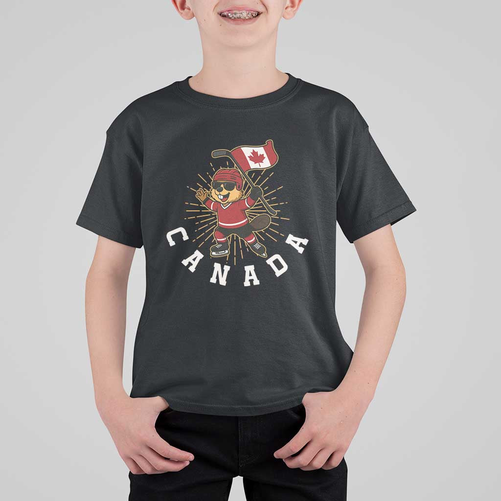 Funny Beaver Playing Ice Hockey With Canada Flag Gift T Shirt For Kid - Wonder Print Shop
