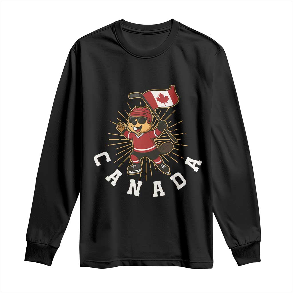 Funny Beaver Playing Ice Hockey With Canada Flag Gift Long Sleeve Shirt - Wonder Print Shop