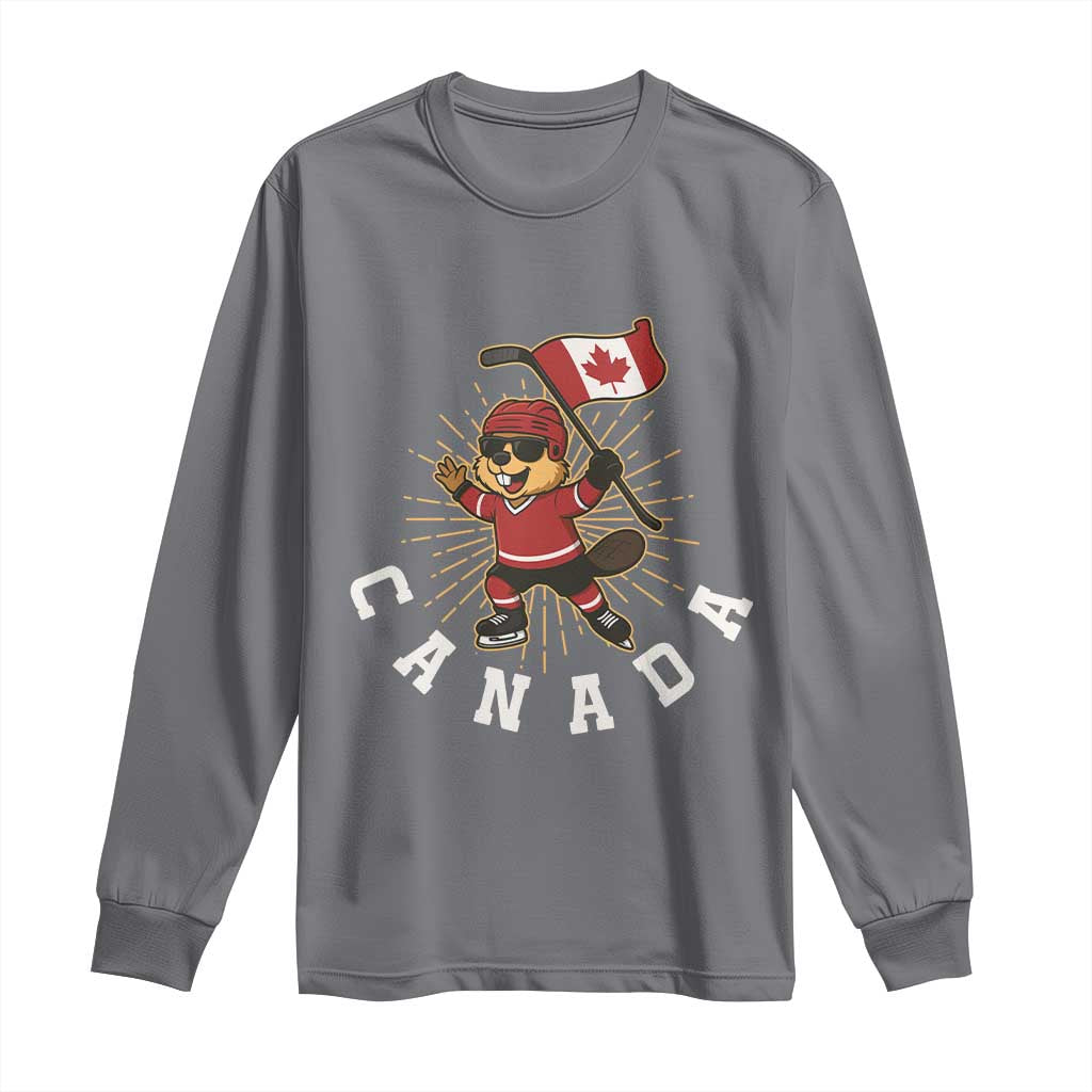 Funny Beaver Playing Ice Hockey With Canada Flag Gift Long Sleeve Shirt - Wonder Print Shop
