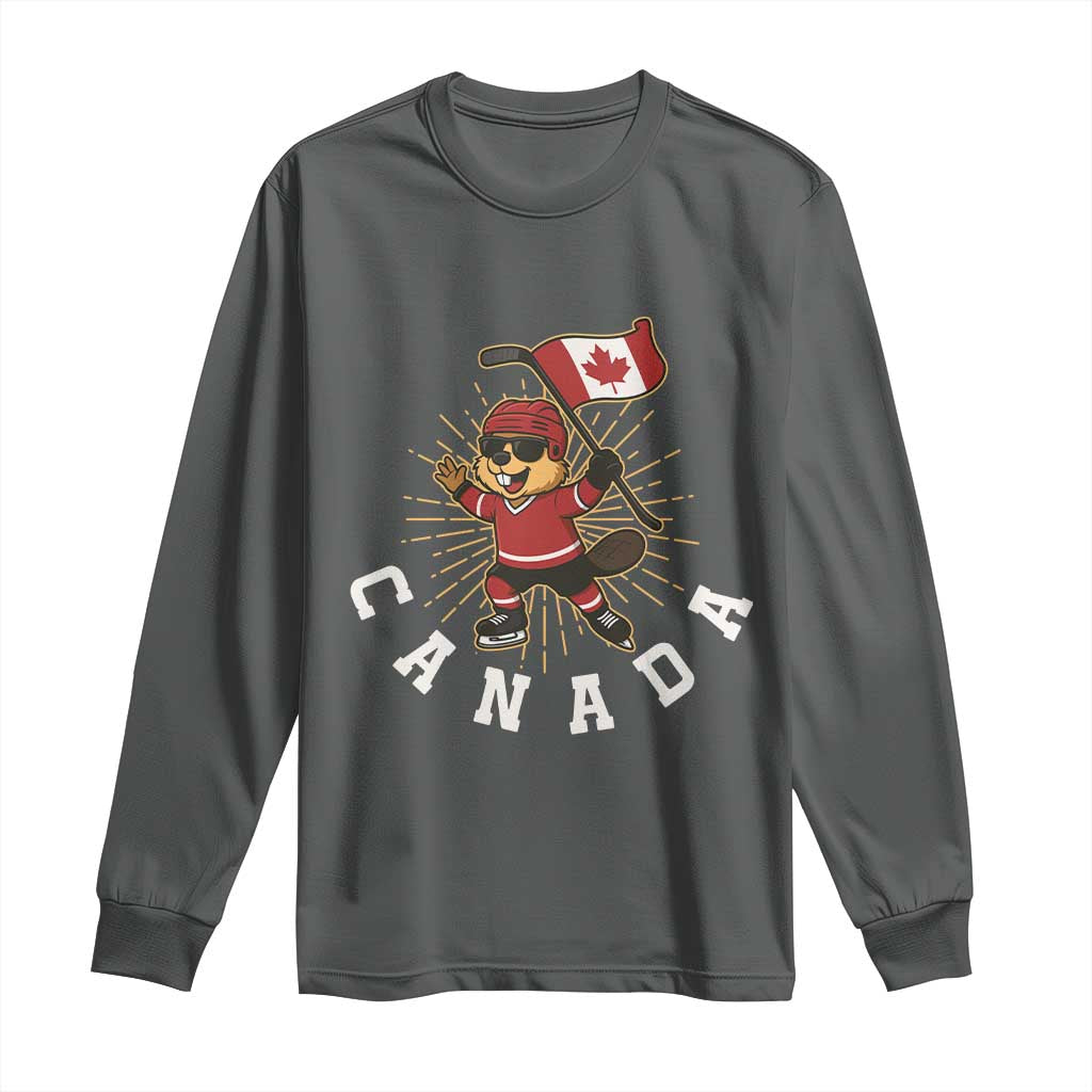 Funny Beaver Playing Ice Hockey With Canada Flag Gift Long Sleeve Shirt - Wonder Print Shop