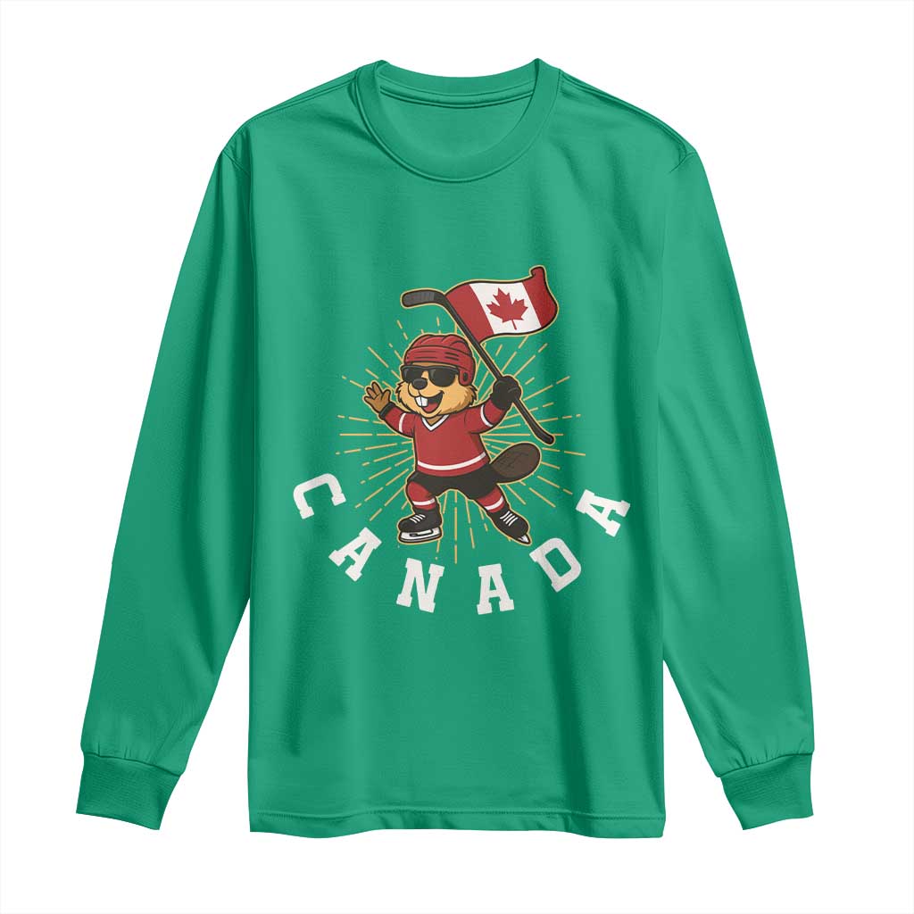 Funny Beaver Playing Ice Hockey With Canada Flag Gift Long Sleeve Shirt - Wonder Print Shop