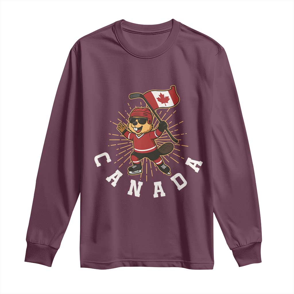 Funny Beaver Playing Ice Hockey With Canada Flag Gift Long Sleeve Shirt - Wonder Print Shop