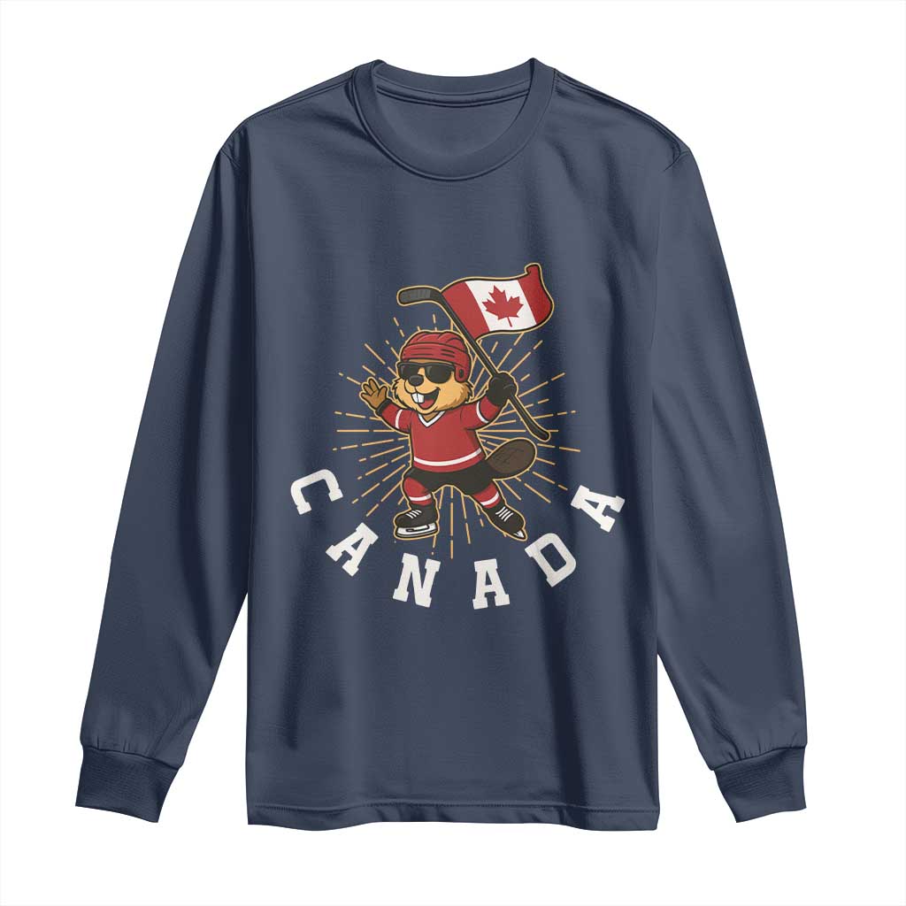 Funny Beaver Playing Ice Hockey With Canada Flag Gift Long Sleeve Shirt - Wonder Print Shop
