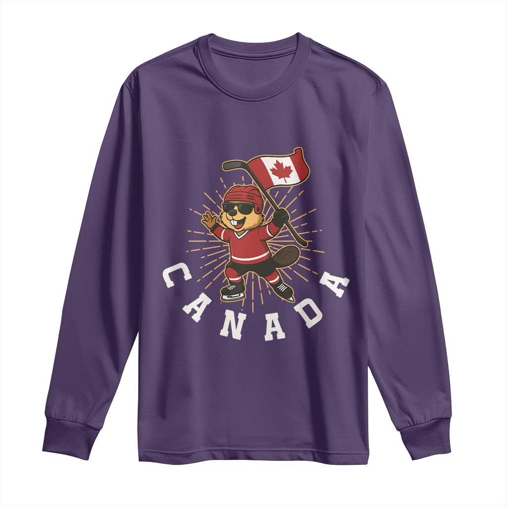 Funny Beaver Playing Ice Hockey With Canada Flag Gift Long Sleeve Shirt - Wonder Print Shop