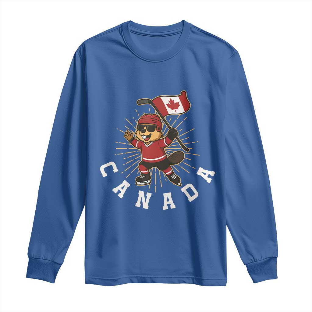 Funny Beaver Playing Ice Hockey With Canada Flag Gift Long Sleeve Shirt - Wonder Print Shop