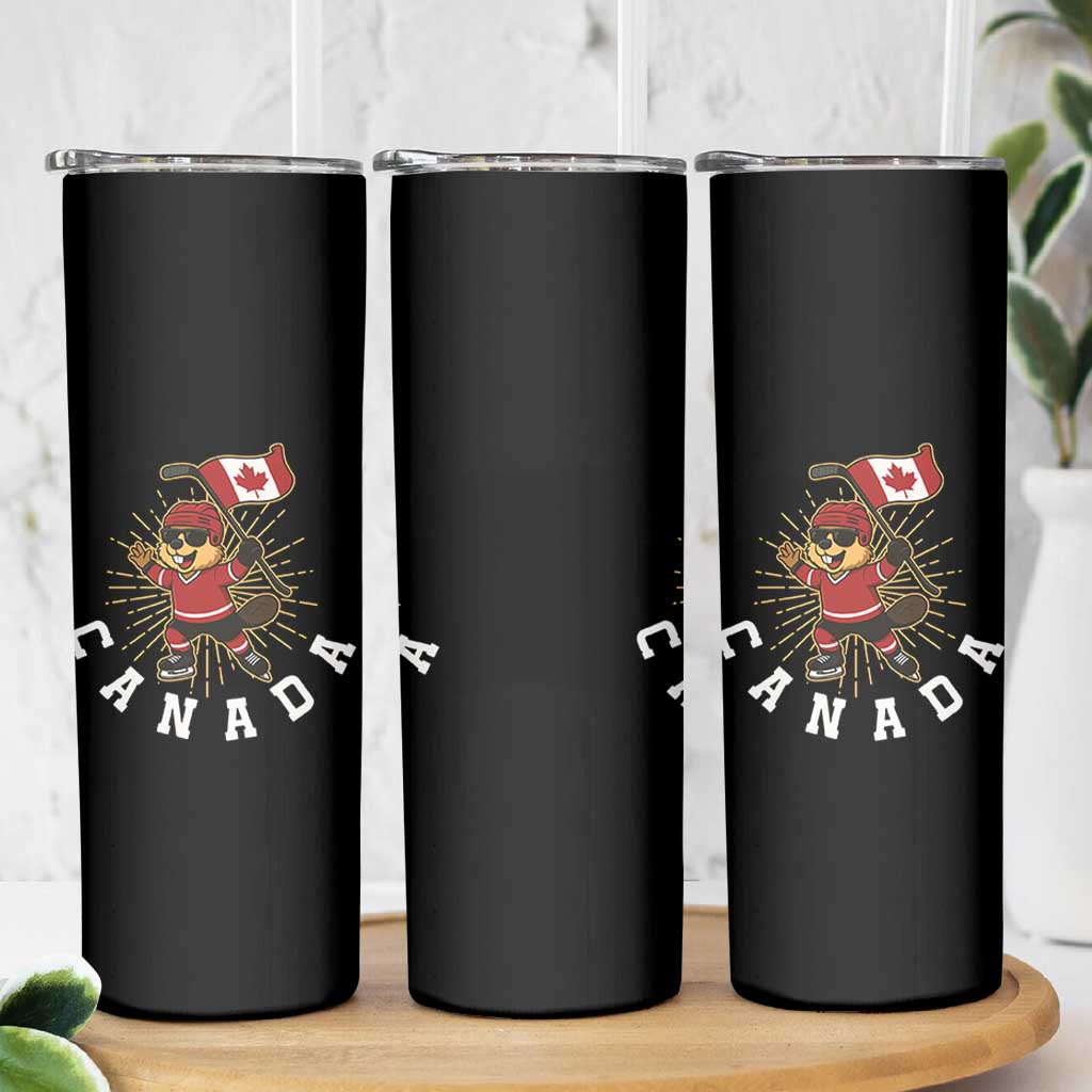 Funny Beaver Playing Ice Hockey With Canada Flag Gift Skinny Tumbler - Wonder Print Shop