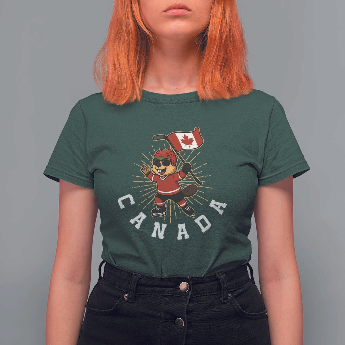 Funny Beaver Playing Ice Hockey With Canada Flag Gift T Shirt For Women - Wonder Print Shop