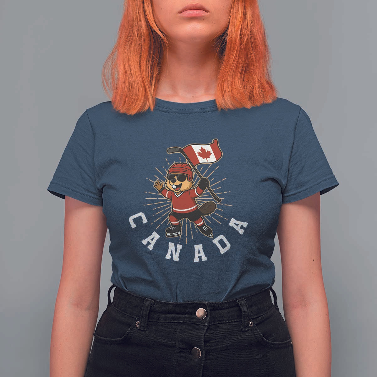 Funny Beaver Playing Ice Hockey With Canada Flag Gift T Shirt For Women - Wonder Print Shop