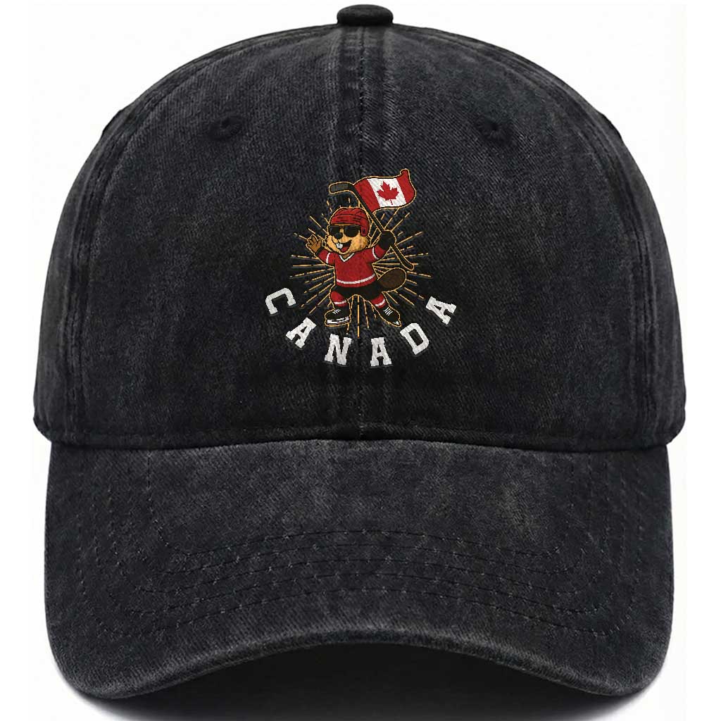 Funny Beaver Playing Ice Hockey With Canada Flag Gift Washed Cotton Baseball Cap