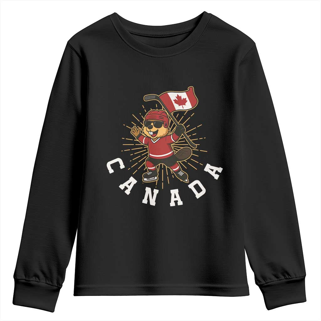 Funny Beaver Playing Ice Hockey With Canada Flag Gift Youth Sweatshirt - Wonder Print Shop