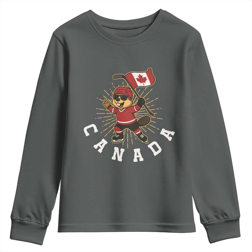 Funny Beaver Playing Ice Hockey With Canada Flag Gift Youth Sweatshirt - Wonder Print Shop