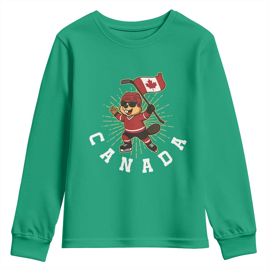 Funny Beaver Playing Ice Hockey With Canada Flag Gift Youth Sweatshirt - Wonder Print Shop