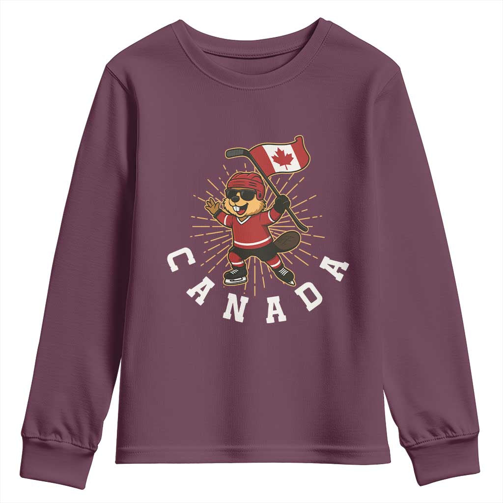 Funny Beaver Playing Ice Hockey With Canada Flag Gift Youth Sweatshirt - Wonder Print Shop