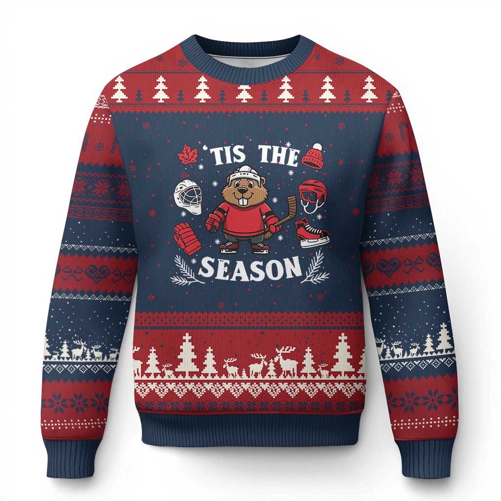 Canadian Ice Hockey Beaver Ugly Christmas Sweater Tis The Season Holiday Gift - Wonder Print Shop