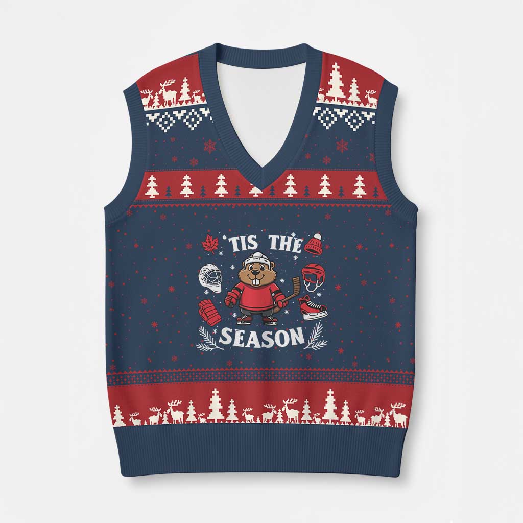Canadian Ice Hockey Beaver V-Neck Knit Sweater Vest Tis The Season Holiday Gift - Wonder Print Shop