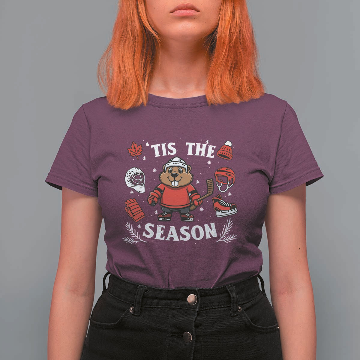 Canadian Ice Hockey Beaver T Shirt For Women Tis The Season Holiday Gift - Wonder Print Shop
