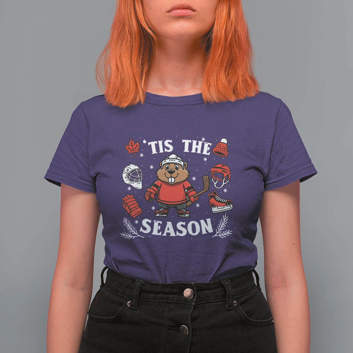 Canadian Ice Hockey Beaver T Shirt For Women Tis The Season Holiday Gift - Wonder Print Shop