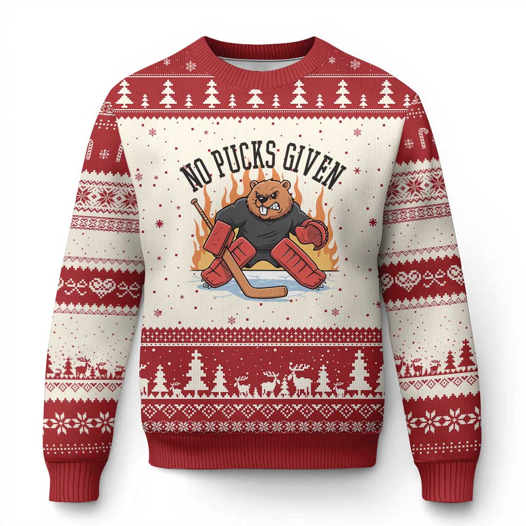 Funny Beaver Ice Hockey Goalie Gift Ugly Christmas Sweater No Pucks Given - Wonder Print Shop
