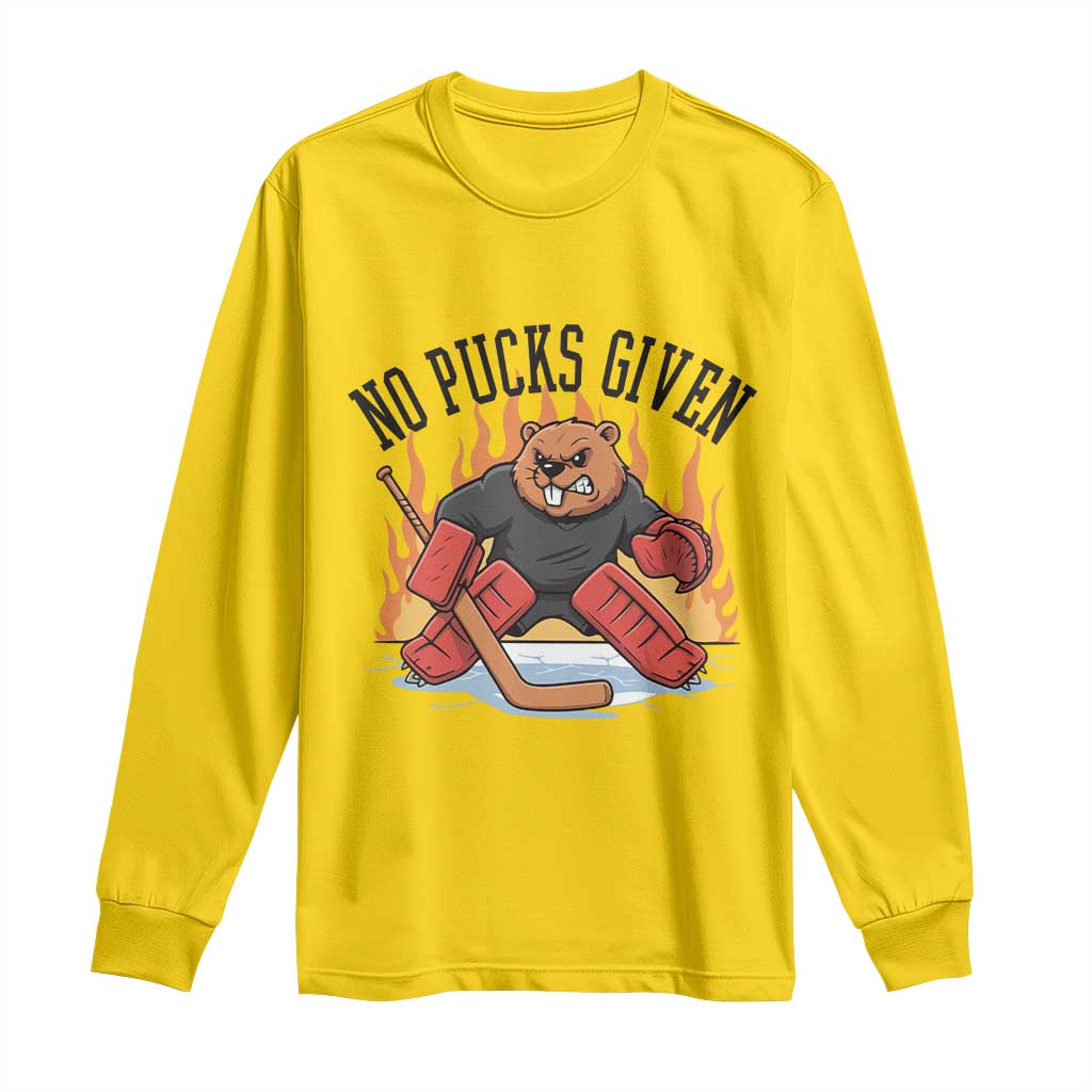 Funny Beaver Ice Hockey Goalie Gift Long Sleeve Shirt No Pucks Given - Wonder Print Shop