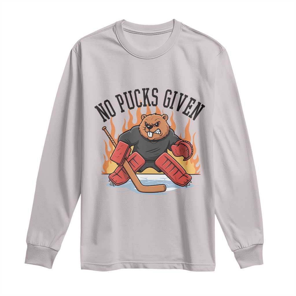 Funny Beaver Ice Hockey Goalie Gift Long Sleeve Shirt No Pucks Given - Wonder Print Shop